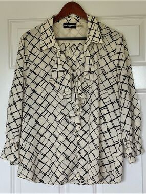 Karl Lagerfeld Cream Blouse with Black Grid Ruffle Front